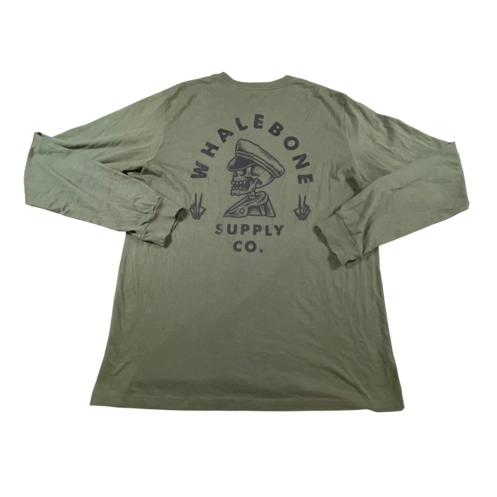 Whalebone Supply Co Mens XL Long Sleeve Graphic Tee Olive Green Skeleton Captain